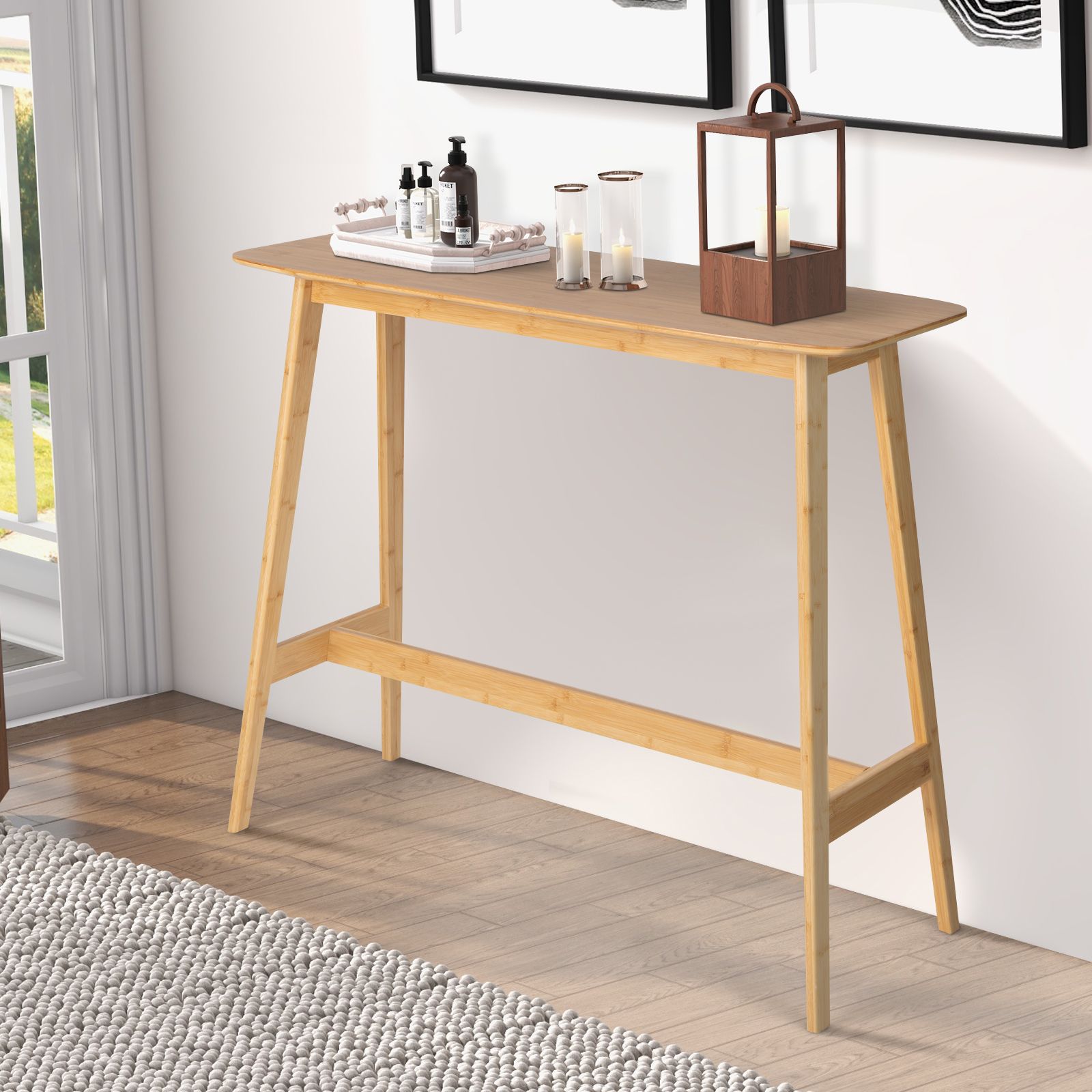 120x45x99cm Bamboo Bar Table with Footrest and Footpads for Home Kitchen